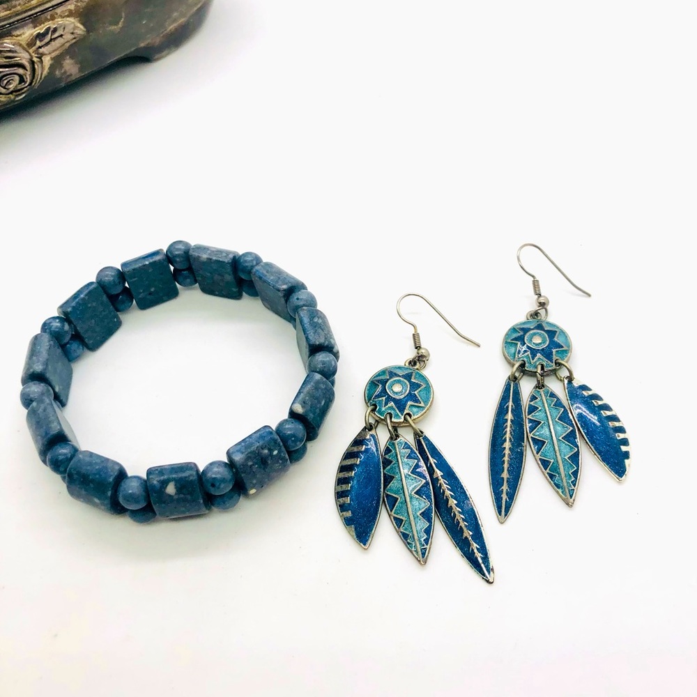 Vintage Blue Stone Bracelet & Southwestern Earrings